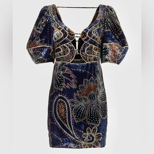 FARM RIO Floral Glam Scarf Mini Dress Worn 1x Blue Velvet Paisley Puff Sleeve
